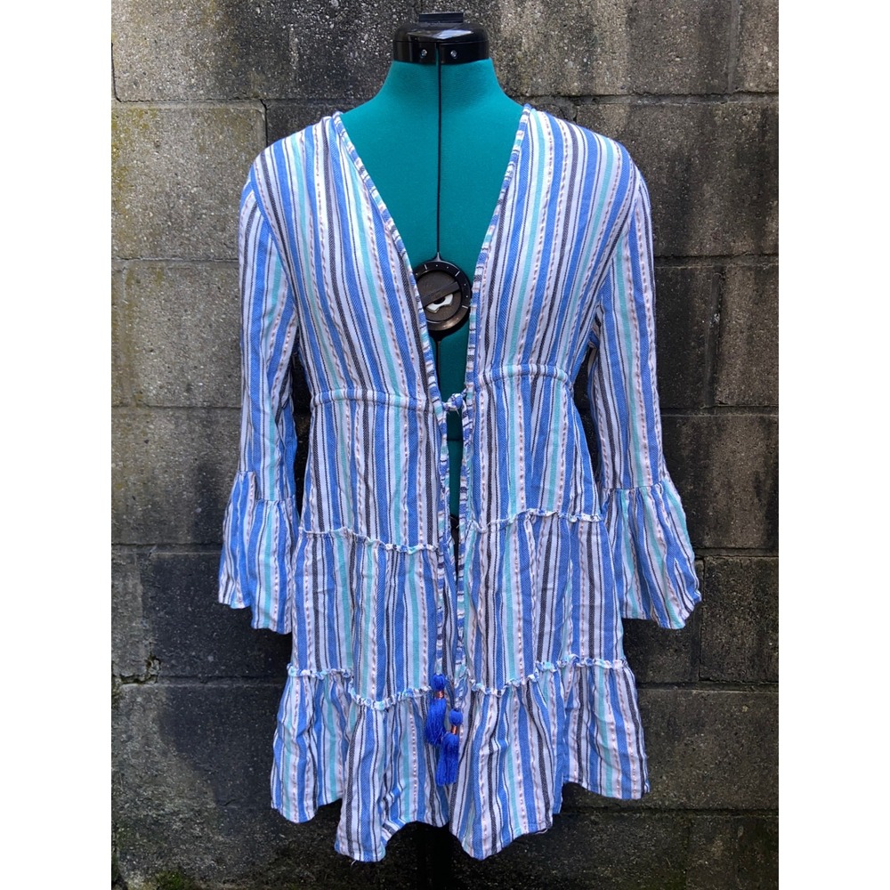 Blue Island Striped Beach Cover Up Dress Boho Flared Bell Sleeve Tiered Tassel M